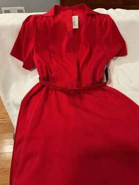 Anette Red Short-Sleeve Belted Cotton Blend Midi Dress